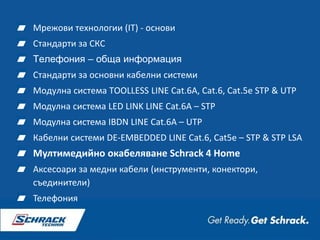 Мрежови технологии (IT) - основи
Стандарти за СКС
Телефония – обща информация
Стандарти за основни кабелни системи
Модулна система TOOLLESS LINE Cat.6A, Cat.6, Cat.5e STP & UTP
Модулна система LED LINK LINE Cat.6A – STP
Модулна система IBDN LINE Cat.6A – UTP
Кабелни системи DE-EMBEDDED LINE Cat.6, Cat5e – STP & STP LSA
Мултимедийно окабеляване Schrack 4 Home
Аксесоари за медни кабели (инструменти, конектори,
съединители)
Телефония
 