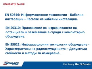 EN 50310: Приложение на изравняването на
потенциали и заземяване в сгради с компютърно
оборудване.
СТАНДАРТИ ЗА СКС
EN 55022: Информационни технологии оборудване -
Характеристики на радиосмущенията – Допустими
стойности и методи за измерване.
EN 50346: Информационни технологии - Кабелни
инсталации – Тестове на кабелни инсталации.
 
