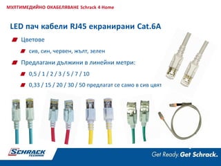 Цветове
сив, син, червен, жълт, зелен
Предлагани дължини в линейни метри:
0,5 / 1 / 2 / 3 / 5 / 7 / 10
0,33 / 15 / 20 / 30 / 50 предлагат се само в сив цвят
МУЛТИМЕДИЙНО ОКАБЕЛЯВАНЕ Schrack 4 Home
LED пач кабели RJ45 екранирани Cat.6A
 