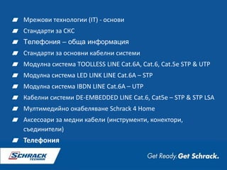 Мрежови технологии (IT) - основи
Стандарти за СКС
Телефония – обща информация
Стандарти за основни кабелни системи
Модулна система TOOLLESS LINE Cat.6A, Cat.6, Cat.5e STP & UTP
Модулна система LED LINK LINE Cat.6A – STP
Модулна система IBDN LINE Cat.6A – UTP
Кабелни системи DE-EMBEDDED LINE Cat.6, Cat5e – STP & STP LSA
Мултимедийно окабеляване Schrack 4 Home
Аксесоари за медни кабели (инструменти, конектори,
съединители)
Телефония
 