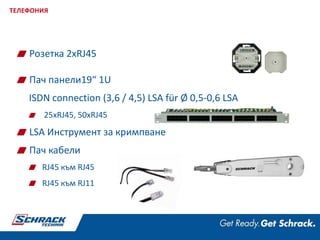 Розетка 2xRJ45
Пач панели19“ 1U
ISDN connection (3,6 / 4,5) LSA für Ø 0,5-0,6 LSA
25xRJ45, 50xRJ45
LSA Инструмент за кримпване
Пач кабели
RJ45 към RJ45
RJ45 към RJ11
ТЕЛЕФОНИЯ
 