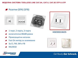 Розетки (SFA) (SFB)
1-порт, 2-порта, 3-порта
включително 80x80 рамка
Прахозащитни капачки
Fast On метод за заземяване
За CI, FM, SM и FB
RAL9010
МОДУЛНА СИСТЕМА TOOLLESS LINE CAT.6A, CAT.6, CAT.5E STP & UTP
HSED02UW2S
 