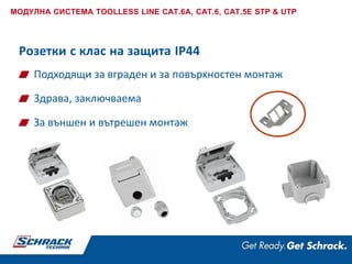 Подходящи за вграден и за повърхностен монтаж
Здрава, заключваема
За външен и вътрешен монтаж
Розетки с клас на защита IP44
МОДУЛНА СИСТЕМА TOOLLESS LINE CAT.6A, CAT.6, CAT.5E STP & UTP
 