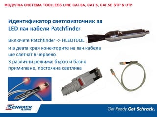 Идентификатор светлоизточник за
LED пач кабели Patchfinder
МОДУЛНА СИСТЕМА TOOLLESS LINE CAT.6A, CAT.6, CAT.5E STP & UTP
Включете Patchfinder -> HLEDTOOL
и в двата края конекторите на пач кабела
ще светнат в червено
3 различни режима: бързо и бавно
примигване, постоянна светлина
 