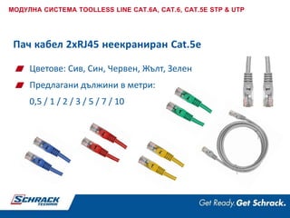 Пач кабел 2xRJ45 неекраниран Cat.5e
МОДУЛНА СИСТЕМА TOOLLESS LINE CAT.6A, CAT.6, CAT.5E STP & UTP
Цветове: Сив, Син, Червен, Жълт, Зелен
Предлагани дължини в метри:
0,5 / 1 / 2 / 3 / 5 / 7 / 10
 