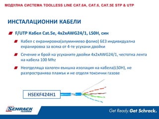 HSEKF424H1
F/UTP Кабел Cat.5e, 4x2xAWG24/1, LS0H, син
Кабел с екранировка(алуминиево фолио) БЕЗ индивидуална
екранировка за всяка от 4-те усукани двойки
Сечение и брой на усуканите двойки 4x2xAWG24/1, честотна лента
на кабела 100 Mhz
Неотделяща халоген външна изолация на кабела(LS0H), не
разпространява пламък и не отделя токсични газове
МОДУЛНА СИСТЕМА TOOLLESS LINE CAT.6A, CAT.6, CAT.5E STP & UTP
ИНСТАЛАЦИОННИ КАБЕЛИ
 