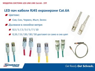 Цветове:
Сив, Син, Червен, Жълт, Зелен
Дължини в линейни метри:
0,5 / 1 / 2 / 3 / 5 / 7 / 10
0,33 / 15 / 20 / 30 / 50 доставят се само в сив цвят
МОДУЛНА СИСТЕМА LED LINK LINE Cat.6A - STP
LED пач кабели RJ45 екранирани Cat.6A
 
