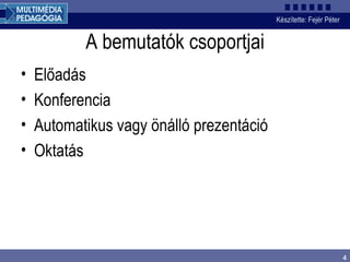 A bemutatók csoportjai Előadás Konferencia Automatikus vagy önálló prezentáció Oktatás 