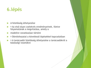 6.lépés
 A felelősség áthelyezése
 Az első olyan cselekvés eredményeinek, illetve
folyamatának a megvitatása, amely a
 modellre vonatkozóan történt
 Döntéshozatal a következő lépésekkel kapcsolatban
 A tanácsadói felelősség áthelyezése a tanácsadókról a
közösségi vezetőkre
 