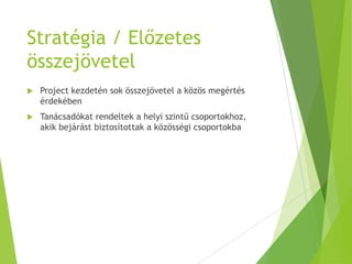 Stratégia / Előzetes
összejövetel
 Project kezdetén sok összejövetel a közös megértés
érdekében
 Tanácsadókat rendeltek a helyi szintű csoportokhoz,
akik bejárást biztosítottak a közösségi csoportokba
 