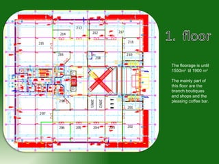 The floorage is until 1550m 2  til 1900 m 2 The mainly part of this floor are the branch boutiques and shops and the pleasing coffee bar . 
