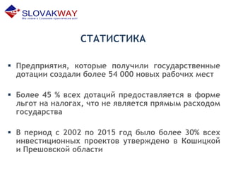СТАТИСТИКА
 Предприятия, которые получили государственные
дотации создали более 54 000 новых рабочих мест
 Более 45 % всех дотаций предоставляется в форме
льгот на налогах, что не является прямым расходом
государства
 В период с 2002 по 2015 год было более 30% всех
инвестиционных проектов утверждено в Кошицкой
и Прешовской области
 