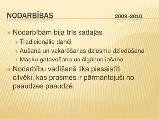 NODARBĪBAS                          2009.-2010.


   Nodarbībām bija trīs sadaļas
     Tradicionālie
                  danči
     Aušana un vakarēšanas dziesmu dziedāšana

     Masku gatavošana un čigānos iešana

   Nodarbību vadīšanā tika piesaistīti
    cilvēki, kas prasmes ir pārmantojuši no
    paaudzes paaudzē.
 