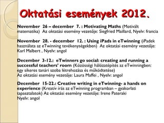 Oktatási események 2012.
November 26 – december 7. : Motivating Maths (Motivált
matematika) Az oktatási esemény vezetője: Siegfried Maillard, Nyelv: francia

November 28. - december 12. : Using iPads in eTwinning (iPadek
használata az eTwinning tevékenységekben) Az oktatási esemény vezetője:
Karl Malbert , Nyelv: angol

December 3-12.: eTwinners go social: creating and running a
successful teachers’ room (Közösségi hálózatépítés az eTwinningben:
egy sikeres tanári szoba létrehozása és működtetése)
Az oktatási esemény vezetője: Laura Maffei , Nyelv: angol
December 15-22.: Creative writing in eTwinning- a hands on
experience (Kreatív írás az eTwinning programban – gyakorlati
tapasztalatok) Az oktatási esemény vezetője: Irene Pateraki 
Nyelv: angol
 