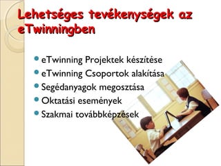 Lehetséges tevékenységek az
eTwinningben

  eTwinning  Projektek készítése
  eTwinning Csoportok alakítása
  Segédanyagok megosztása
  Oktatási események
  Szakmai továbbképzések
 