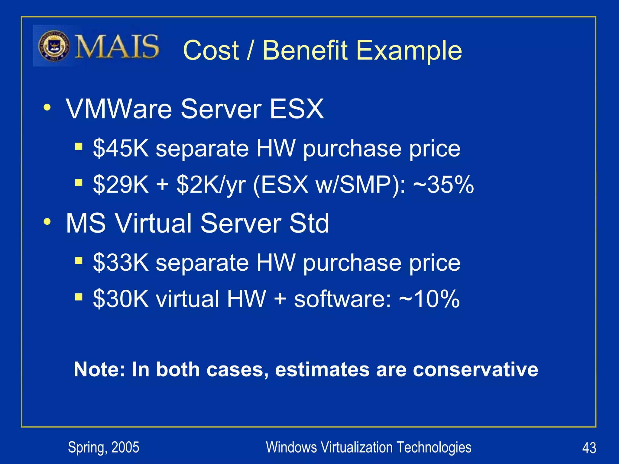 Cost / Benefit Example VMWare Server ESX $45K separate HW purchase price $29K + $2K/yr (ESX w/SMP): ~35% MS Virtual Server Std $33K separate HW purchase price $30K virtual HW + software: ~10% Note: In both cases, estimates are conservative 