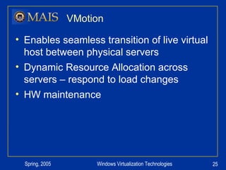 VMotion Enables seamless transition of live virtual host between physical servers Dynamic Resource Allocation across servers – respond to load changes HW maintenance 