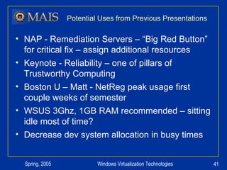 Potential Uses from Previous Presentations NAP - Remediation Servers – “Big Red Button” for critical fix – assign additional resources Keynote - Reliability – one of pillars of Trustworthy Computing Boston U – Matt - NetReg peak usage first couple weeks of semester WSUS 3Ghz, 1GB RAM recommended – sitting idle most of time? Decrease dev system allocation in busy times 