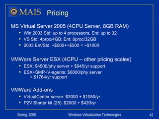 Pricing MS Virtual Server 2005 (4CPU Server, 8GB RAM) Win 2003 Std: up to 4 processors, Ent: up to 32 VS Std: 4proc/4GB; Ent: 8proc/32GB 2003 Ent/Std: ~$500+~$500 = ~$1000 VMWare Server ESX (4CPU – other pricing scales) ESX: $4500/phy server + $945/yr support ESX+SMP+V-agents: $6000/phy server   + $1764/yr support VMWare Add-ons VirtualCenter server: $3000 + $1050/yr P2V Starter kit (25): $2000 + $420/yr 