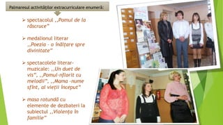 Palmaresul activităţilor extracurriculare enumeră:
 spectacolul ,,Pomul de la
răscruce”
 medalionul literar
,,Poezia – o înălţare spre
divinitate”
 spectacolele literar-
muzicale: ,,Un duet de
vis”, ,,Pomul-nflorit cu
melodii”, ,,Mama –nume
sfînt, al vieţii început”
 masa rotundă cu
elemente de dezbateri la
subiectul ,,Violenţa în
familie”
 