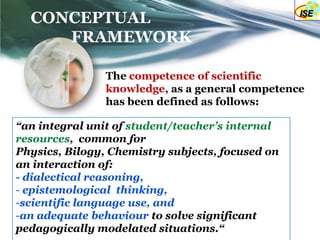 CONCEPTUAL
     FRAMEWORK

                The competence of scientific
                knowledge, as a general competence
                has been defined as follows:

“an integral unit of student/teacher’s internal
resources, common for
Physics, Bilogy, Chemistry subjects, focused on
an interaction of:
- dialectical reasoning,
- epistemological thinking,
-scientific language use, and
-an adequate behaviour to solve significant
pedagogically modelated situations.“
 