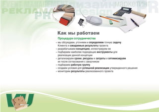 Как мы работаем
 Процедура сотрудничества
– мы обсуждаем, уточняем и определяем точную задачу
  Клиента и ожидаемые результаты проекта
– разрабатываем концепцию, иллюстрируем ее
– подбираем наиболее подходящие инструменты для
  реализации данной концепции
– детализируем сроки, ресурсы и затраты и оптимизируем
  их после согласования с заказчиком
– подбираем рабочую группу
– создаем условия для успешной реализации утвержденного решения
– мониторим результаты реализованного проекта
 