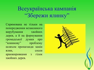 Всеукраїнська кампанія
         “Збережи ялинку”
Спрямована не тільки на
попередження незаконного
вирубування      хвойних
дерев, а й на формування
громадської думки про
“ялинкову”      проблему
шляхом пропаганди замін
ялин,              сосен
аранжировками з гілок
хвойних дерев.
 