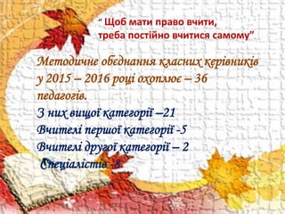Методичне обєднання класних керівників
у 2015 – 2016 році охоплює – 36
педагогів.
З них вищої категорії –21
Вчителі першої категорії -5
Вчителі другої категорії – 2
Спеціалістів -8
“ Щоб мати право вчити,
треба постійно вчитися самому”
 