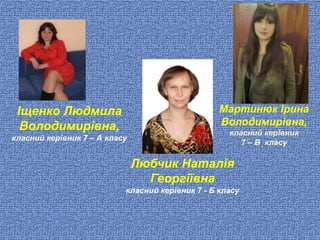  тКнккккккК
Мартинюк Ірина
Володимирівна,
класний керівник
7 – В класу
Любчик Наталія
Георгіївна
класний керівник 7 - Б класу
Іщенко Людмила
Володимирівна,
класний керівник 7 – А класу
 