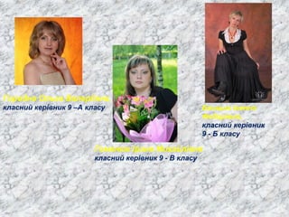 Блищик Іванна
Федорівна,
класний керівник
9 - Б класу
Гоменюк Ірина Михайлівна
класний керівник 9 - В класу
Городна Ольга Валеріївна,
класний керівник 9 –А класу
 