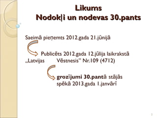 Likums
    Nodokļ i un nodevas 30.pants

Saeimā pieņemts 2012.gada 21.jūnijā

       Publicēts 2012.gada 12.jūlija laikrakstā
„Latvijas     Vēstnesis” Nr.109 (4712)

              grozī jumi 30.pantā stājās
              spēkā 2013.gada 1.janvārī




                                                  2
 