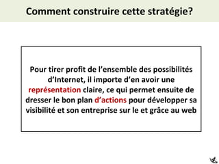 Comment construire cette stratégie? Pour tirer profit de l’ensemble des possibilités d’Internet, il importe d’en avoir une  représentation  claire, ce qui permet ensuite de dresser le bon plan  d’actions  pour développer sa visibilité et son entreprise sur le et grâce au web 