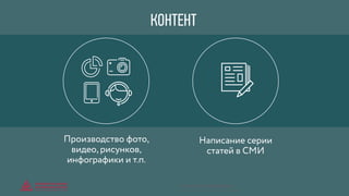 КОНТЕНТ
Производство фото,
видео, рисунков,
инфографики и т.п.
Написание серии
статей в СМИ
© GENERATION BREND & COMMUNICATION | WWW.RAGB.RU
THE FUTURE OF ADVERTISING
 