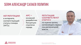SERM АЛЕКСАНДР САЛАЕВ ПОЛИТИК
АРС —
основной
разработчик
Концепции
стратегии
города.
НЕТ РЕПУТАЦИИ
в интернете,
соответствующей
статусу спикера
ЗАГСа.
РЕПУТАЦИЯ
СООТВЕТСТВУЕТ
СТАТУСУ
по оценке органа,
согласующего первых
лиц региональной
власти.
© GENERATION BREND & COMMUNICATION | WWW.RAGB.RU
THE FUTURE OF ADVERTISING
 