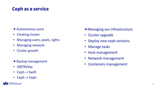 Ceph as a service
„Autonomous users
• Creating cluster
• Managing users, pools, rights
• Managing network
• Cluster growth
„Backup management
• 500TB/day
• Ceph -> Swift
• Ceph -> Ceph
D at e
F o o t er can b e p er so n alized as
fo llo w : In ser t / H ead er an d fo o t er
7
„Managing our infrastructure
• Cluster upgrade
• Deploy new ceph versions
• Manage tasks
• Host management
• Network management
• Containers management
 