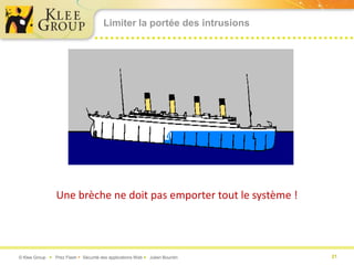 Limiter la portée des intrusions




                 Une brèche ne doit pas emporter tout le système !




© Klee Group  Prez Flash  Sécurité des applications Web  Julien Bourdin   21
 