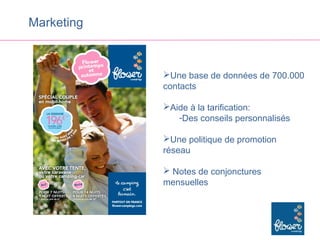 Marketing



            Une base de données de 700.000
            contacts

            Aide à la tarification:
               -Des conseils personnalisés

            Une politique de promotion
            réseau

             Notes de conjonctures
            mensuelles
 