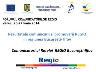 Rezultatele comunicarii si promovarii REGIO
in regiunea Bucuresti- Ilfov
Comunicatori ai Retelei REGIO București-Ilfov
1
FORUMUL COMUNICATORILOR REGIO
Venus, 25-27 iunie 2014
 