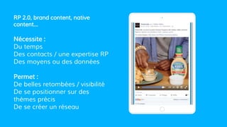 RP 2.0, brand content, native
content...
Nécessite :
Du temps
Des contacts / une expertise RP
Des moyens ou des données
Permet :
De belles retombées / visibilité
De se positionner sur des
thèmes précis
De se créer un réseau
Place your screenshot here
 