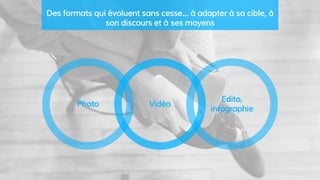 Des formats qui évoluent sans cesse… à adapter à sa cible, à
son discours et à ses moyens
Vidéo
Edito,
infographie
Photo
 