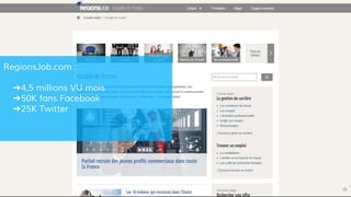 RegionsJob.com :
➔4,5 millions VU mois
➔50K fans Facebook
➔25K Twitter
 