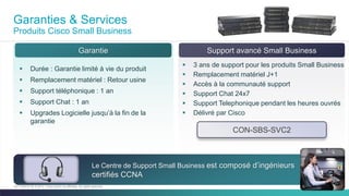 33C97-730476-00 © 2014 Cisco and/or its affiliates. All rights reserved.
Garanties & Services
Produits Cisco Small Business
Le Centre de Support Small Business est composé d’ingénieurs
certifiés CCNA
Garantie Support avancé Small Business
 Durée : Garantie limité à vie du produit
 Remplacement matériel : Retour usine
 Support téléphonique : 1 an
 Support Chat : 1 an
 Upgrades Logicielle jusqu’à la fin de la
garantie
CON-SBS-SVC2
 3 ans de support pour les produits Small Business
 Remplacement matériel J+1
 Accès à la communauté support
 Support Chat 24x7
 Support Telephonique pendant les heures ouvrés
 Délivré par Cisco
 