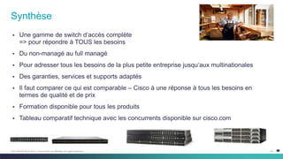 40C97-730476-00 © 2014 Cisco and/or its affiliates. All rights reserved.
 Une gamme de switch d‘accès complète
=> pour répondre à TOUS les besoins
 Du non-managé au full managé
 Pour adresser tous les besoins de la plus petite entreprise jusqu‘aux multinationales
 Des garanties, services et supports adaptés
 Il faut comparer ce qui est comparable – Cisco à une réponse à tous les besoins en
termes de qualité et de prix
 Formation disponible pour tous les produits
 Tableau comparatif technique avec les concurrents disponible sur cisco.com
Synthèse
 