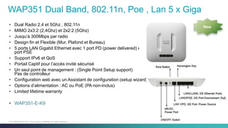 49C97-730476-00 © 2014 Cisco and/or its affiliates. All rights reserved.
WAP351 Dual Band, 802.11n, Poe , Lan 5 x Giga
• Dual Radio 2.4 et 5Ghz , 802.11n
• MIMO 2x3:2 (2,4Ghz) et 2x2:2 (5Ghz)
• Jusqu’à 300Mbps par radio
• Design fin et Flexible (Mur, Plafond et Bureau)
• 5 ports LAN Gigabit Ethernet avec 1 port PD (power delivered) et1
port PSE
• Support IPv6 et QoS
• Portail Captif pour l’accès invité sécurisé
• Un seul point de management : (Single Point Setup support)
Pas de controlleur
• Configuration web avec un Assistant de configuration (setup wizard)
• Options d’alimentation : AC ou PoE (PA non-inclus)
• Limited lifetime warranty
• WAP351-E-K9
New
 