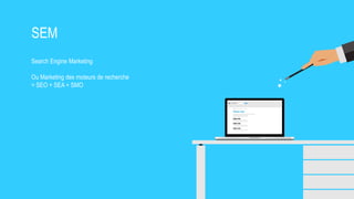 SEM
Search Engine Marketing
Ou Marketing des moteurs de recherche
= SEO + SEA + SMO
 
