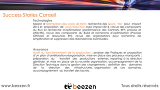 Tous droits réservéswww.beezen.fr
Success Stories Conseil
Technologies
Mission d’optimisation des coûts de RUN : recherche des Quick Win pour impact
2015 et proposition de costs réduction avec impact 2016 : revue des composants
du Run et recherche d’optimisation (performance des Contrats, RFP, process et
effectifs), revue des composants du Build et recherche d’optimisation (Process
Offshore et ressources RH), revue des organisations pour recherche de
simplification et suppression des redondances éventuelles.
Audit du fonctionnement de la production : analyse des Pratiques et proposition
d’un plan d’amélioration,réorganisation, mise en place des processus manquants :
préparation du transfert des productions externes, reporting à la direction
générale, et mise en place de la nouvelle organisation, accompagnement de la
Direction Technique dans la gestion des changements : definition des domaines
de la direction des infrastructures, organisation de ces domaines,
accompagnement du transfert des taches.
Assurance
 