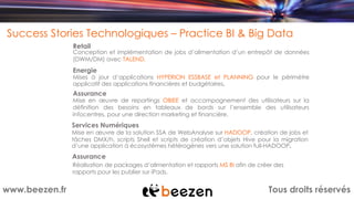 Tous droits réservéswww.beezen.fr
Success Stories Technologiques – Practice BI & Big Data
Retail
Energie
Assurance
Services Numériques
Conception et implémentation de jobs d’alimentation d’un entrepôt de données
(DWM/DM) avec TALEND.
Mises à jour d’applications HYPERION ESSBASE et PLANNING pour le périmètre
applicatif des applications financières et budgétaires.
Mise en œuvre de reportings OBIEE et accompagnement des utilisateurs sur la
définition des besoins en tableaux de bords sur l’ensemble des utilisateurs
infocentres, pour une direction marketing et financière.
Mise en œuvre de la solution SSA de WebAnalyse sur HADOOP, création de jobs et
tâches DMX/h, scripts Shell et scripts de création d’objets Hive pour la migration
d’une application à écosystèmes hétérogènes vers une solution full-HADOOP.
Assurance
Réalisation de packages d’alimentation et rapports MS BI afin de créer des
rapports pour les publier sur iPads.
 
