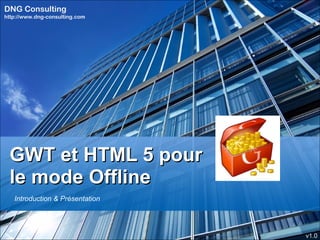DNG Consulting
http://www.dng-consulting.com




 GWT et HTML 5 pour
 le mode Offline
   Introduction & Présentation




                                 v1.0
 