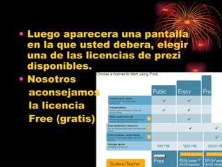 Luego aparecera una pantalla en la que usted debera, elegir una de las licencias de prezi disponibles. Nosotros  aconsejamos  la licencia  Free (gratis) 