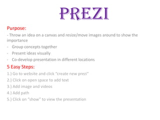 Prezi
Purpose:
- Throw an idea on a canvas and resize/move images around to show the
importance
- Group concepts together
- Present ideas visually
- Co-develop presentation in different locations
5 Easy Steps:
1.) Go to website and click “create new prezi”
2.) Click on open space to add text
3.) Add image and videos
4.) Add path
5.) Click on “show” to view the presentation
 